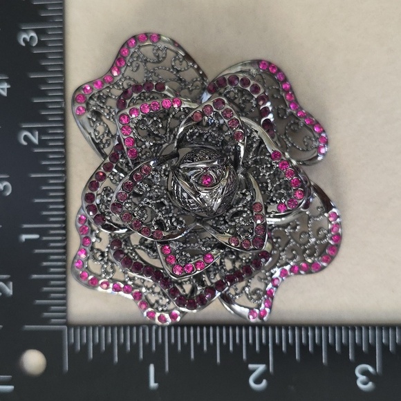 Gunmetal Silver Rose Flower Brooch Pin with Purple And Fuschia Pink Stones - Picture 8 of 8